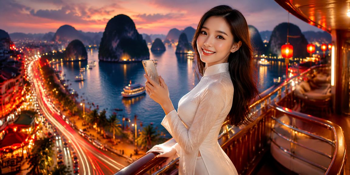 Người phụ nữ mặc áo dài dùng điện thoại xem kèo với nền vịnh Hạ Long