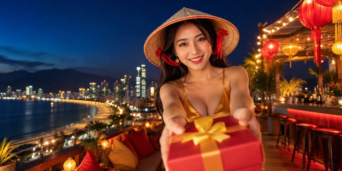 Người phụ nữ đội nón lá dùng app casino tại Nha Trang buổi chiều